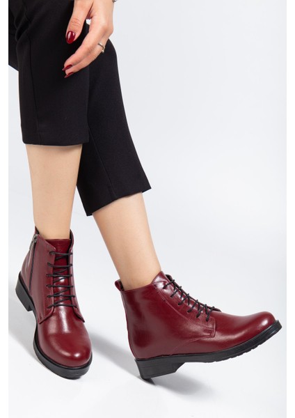 Bordo Yanki Bağcıklı Fermuarlı Günlük Kadın Bot modelleri