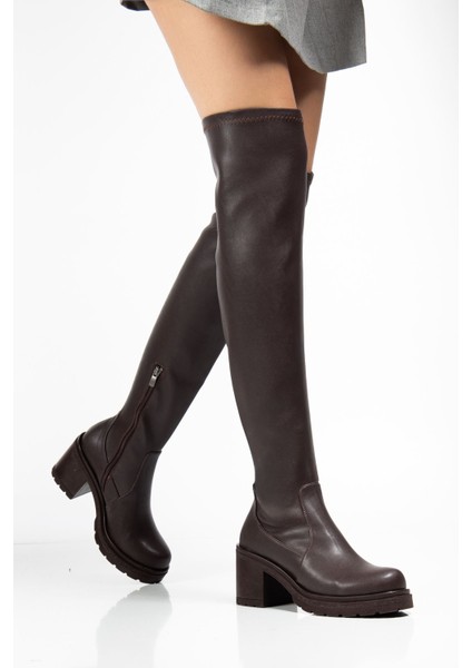 Kahve Streç Günlük Kalın Topuklu Kadın Çizme fiyatları
