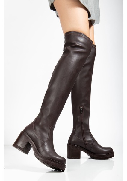 Kahve Streç Günlük Kalın Topuklu Kadın Çizme indirimleri