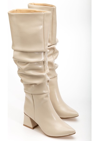 Bej Kırışık Rugan Körüklü Kalın Topuklu Günlük Bayan Çizme fırsatları