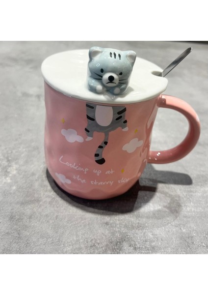 Kaşıklı Kapaklı Kedi Detaylı Porselen Kupa modelleri