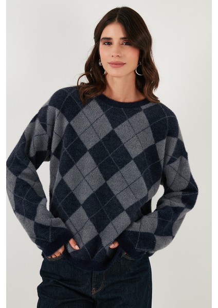 Baklava Desenli Oversize Bisiklet Yaka Yumuşak Dokulu Kazak Bayan Kazak 4616262