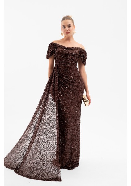 Kadın Kahverengi Pul Payet Işlemeli Uzun Abiye Elbise