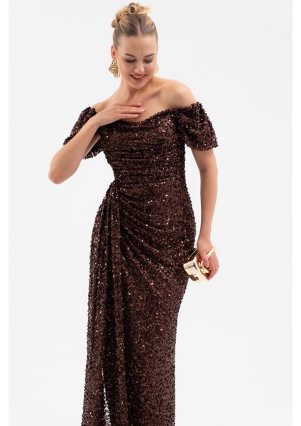 Kadın Kahverengi Pul Payet Işlemeli Uzun Abiye Elbise modelleri