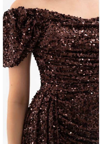 Kadın Kahverengi Pul Payet Işlemeli Uzun Abiye Elbise fırsatları