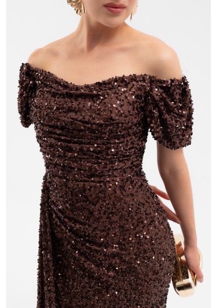 Kadın Kahverengi Pul Payet Işlemeli Uzun Abiye Elbise indirimleri