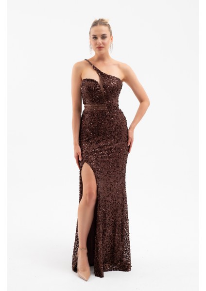 Kadın Kahverengi Bel Transparan Yırtmaçlı Payetli Uzun Abiye Elbise