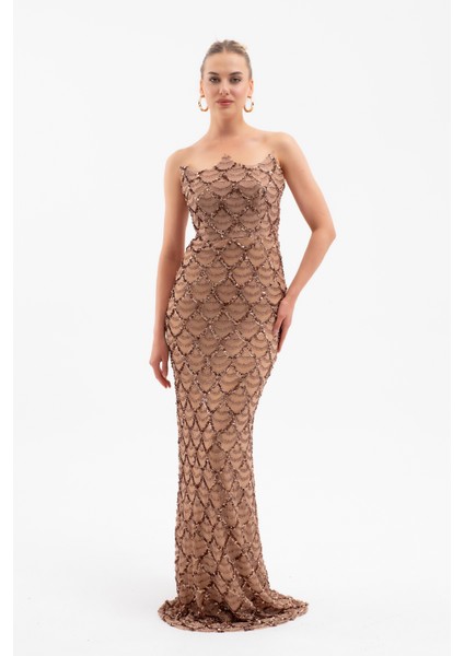 Kadın Kahverengi Straplez Boncuk Işlemeli Uzun Abiye Elbise fiyatları