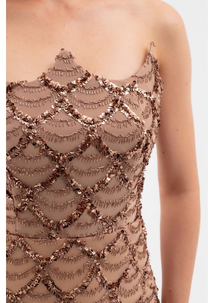 Kadın Kahverengi Straplez Boncuk Işlemeli Uzun Abiye Elbise fırsatları