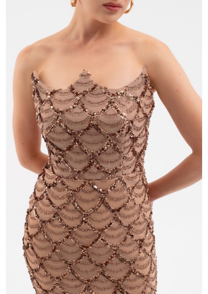 Kadın Kahverengi Straplez Boncuk Işlemeli Uzun Abiye Elbise indirimleri