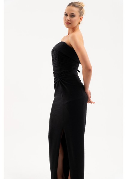 Kadın Siyah Straplez Yaka Düğüm Detay Uzun Abiye Elbise modelleri
