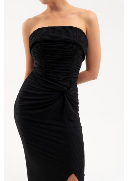 Kadın Siyah Straplez Yaka Düğüm Detay Uzun Abiye Elbise fırsatları