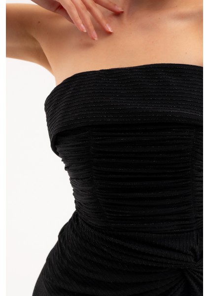 Kadın Siyah Straplez Yaka Düğüm Detay Uzun Abiye Elbise indirimleri