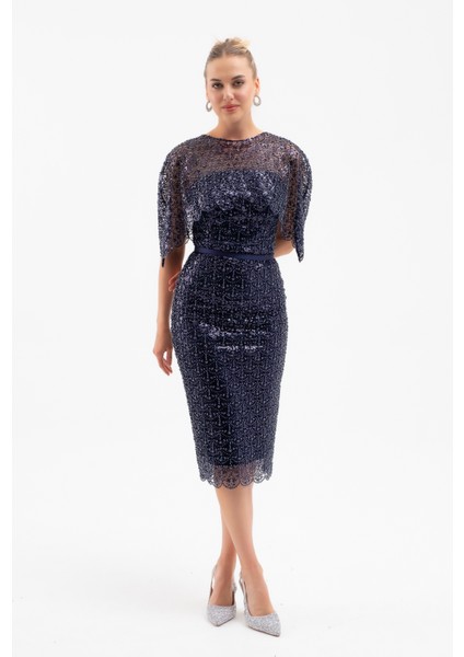 Kadın Lacivert Bolero Detay Boncuklu Midi Söz Nişan Abiye Elbise fiyatları