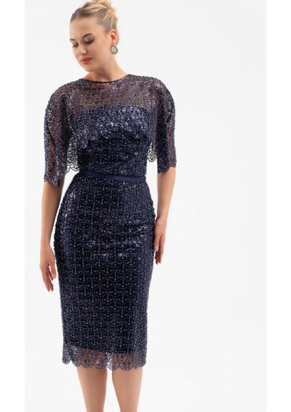 Kadın Lacivert Bolero Detay Boncuklu Midi Söz Nişan Abiye Elbise modelleri