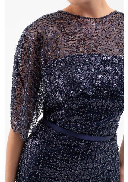 Kadın Lacivert Bolero Detay Boncuklu Midi Söz Nişan Abiye Elbise fırsatları