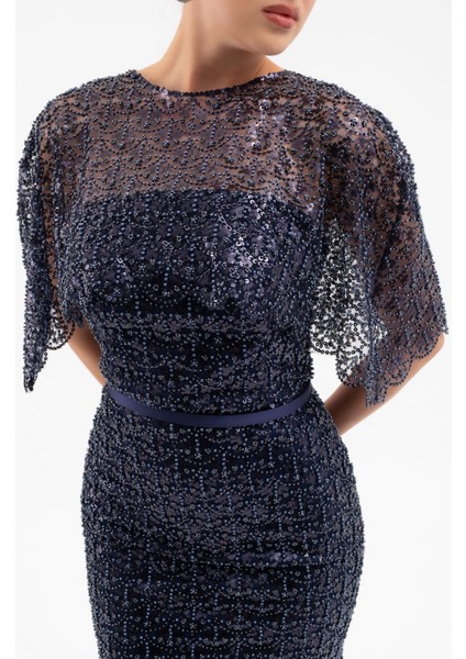 Kadın Lacivert Bolero Detay Boncuklu Midi Söz Nişan Abiye Elbise indirimleri