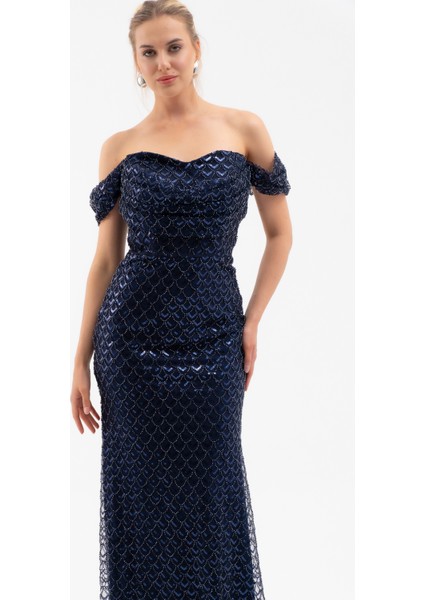 Kadın Lacivert Madonna Yaka Boncuklu Uzun Abiye Elbise modelleri
