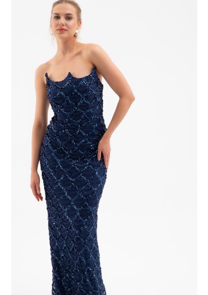 Kadın Lacivert Straplez Boncuk Işlemeli Uzun Abiye Elbise fiyatları