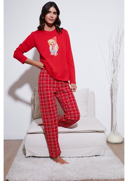 Pamuklu Regular Fit Baskılı Bisiklet Yaka Pijama Takımı Bayan Pijama Takımı 65723313