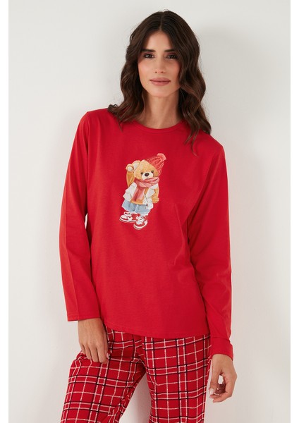 Pamuklu Regular Fit Baskılı Bisiklet Yaka Pijama Takımı Bayan Pijama Takımı 65723313 fiyatları