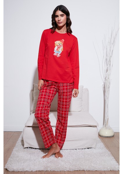 Pamuklu Regular Fit Baskılı Bisiklet Yaka Pijama Takımı Bayan Pijama Takımı 65723313 indirimleri