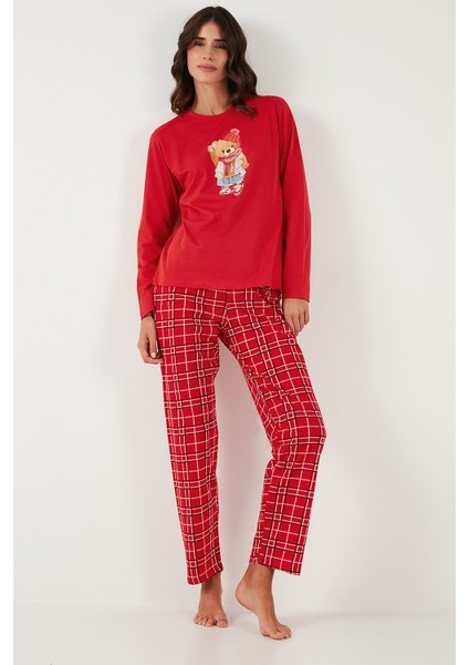 Pamuklu Regular Fit Baskılı Bisiklet Yaka Pijama Takımı Bayan Pijama Takımı 65723313