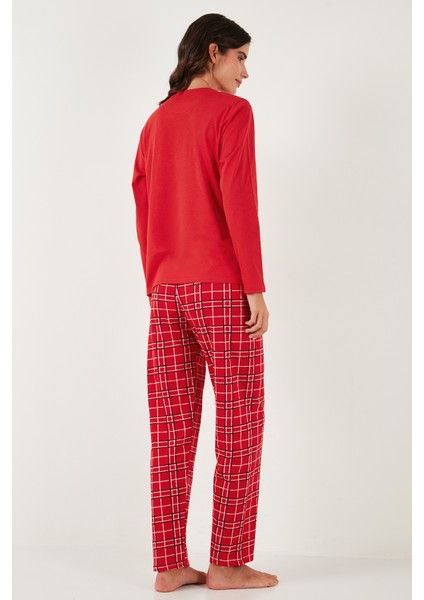 Pamuklu Regular Fit Baskılı Bisiklet Yaka Pijama Takımı Bayan Pijama Takımı 65723313