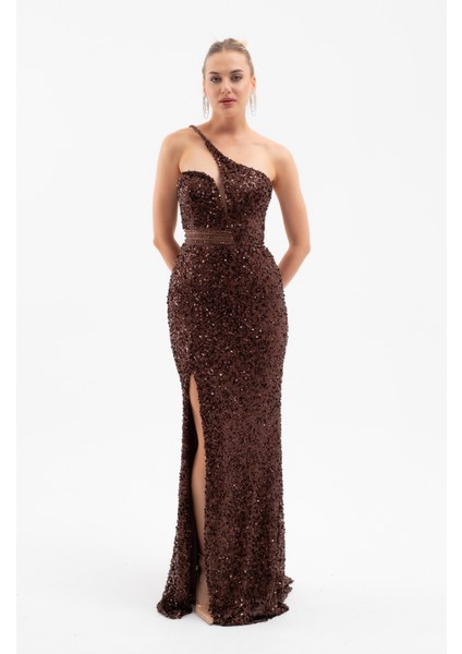 Kadın Kahverengi Bel Transparan Yırtmaçlı Payetli Uzun Abiye Elbise fiyatları