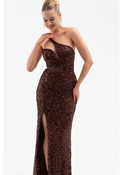 Kadın Kahverengi Bel Transparan Yırtmaçlı Payetli Uzun Abiye Elbise modelleri