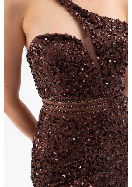 Kadın Kahverengi Bel Transparan Yırtmaçlı Payetli Uzun Abiye Elbise fırsatları