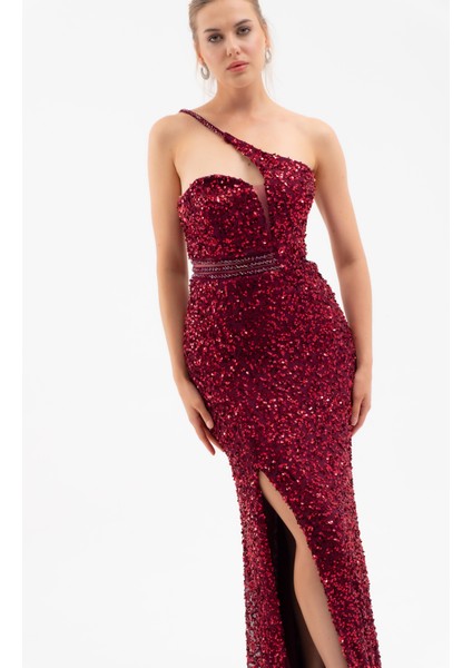 Kadın Bordo Bel Transparan Yırtmaçlı Payetli Uzun Abiye Elbise fiyatları