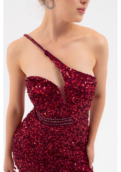 Kadın Bordo Bel Transparan Yırtmaçlı Payetli Uzun Abiye Elbise indirimleri