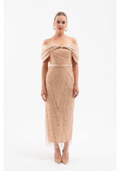 Kadın Bej Kayık Yaka Midi Boncuklu Abiye Elbise