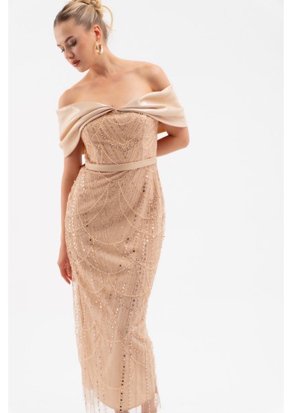 Kadın Bej Kayık Yaka Midi Boncuklu Abiye Elbise fiyatları