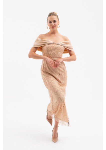 Kadın Bej Kayık Yaka Midi Boncuklu Abiye Elbise modelleri