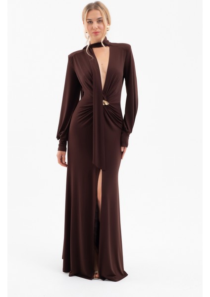 Kadın Kahverengi Şal Yaka Ön Düğüm Tokalı Uzun Elbise fiyatları