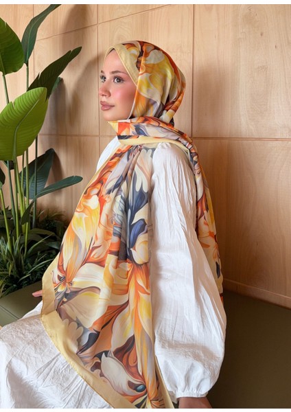 Desenli Pamuk Soft Şal Ilham Serisi Sarı Turuncu PS63