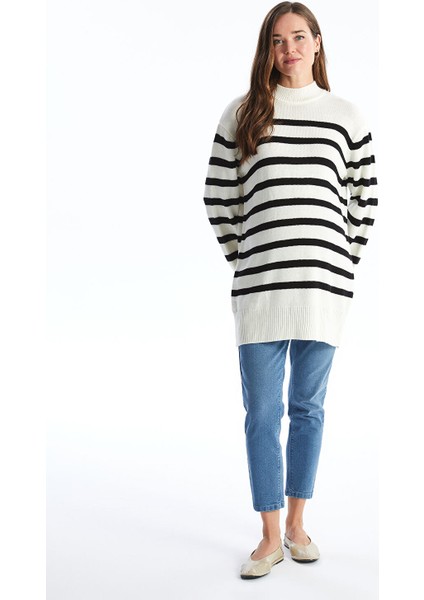 Yeni Sezon Dik Yaka Çizgili Oversize Kadın Triko Tunik fiyatları