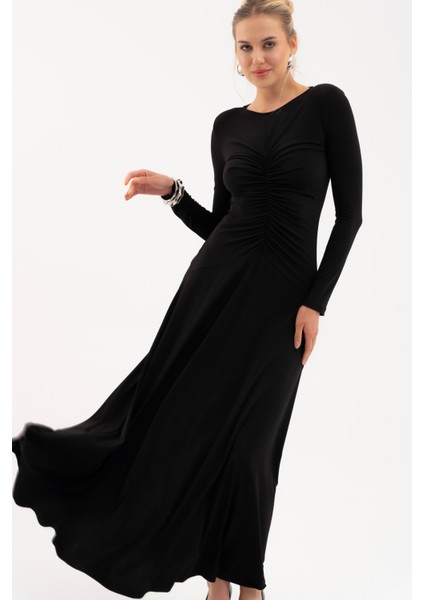 Kadın Siyah V Yaka Büzgülü Uzun Elbise