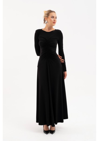 Kadın Siyah V Yaka Büzgülü Uzun Elbise fiyatları