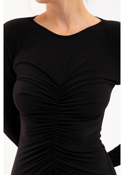 Kadın Siyah V Yaka Büzgülü Uzun Elbise fırsatları