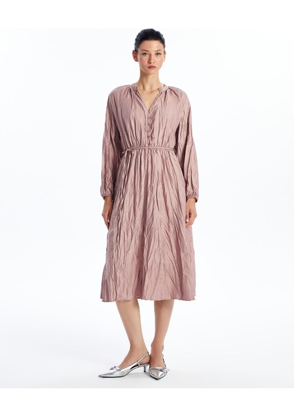 Yeni Sezon Kaçık Yaka Düz Uzun Kollu Saten Elbise