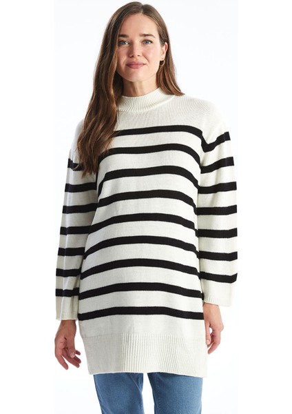 Yeni Sezon Dik Yaka Çizgili Oversize Kadın Triko Tunik