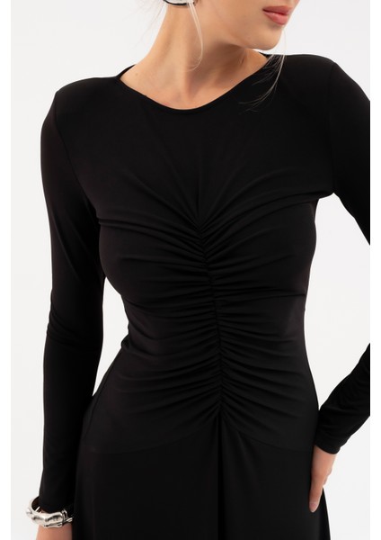 Kadın Siyah V Yaka Büzgülü Uzun Elbise indirimleri