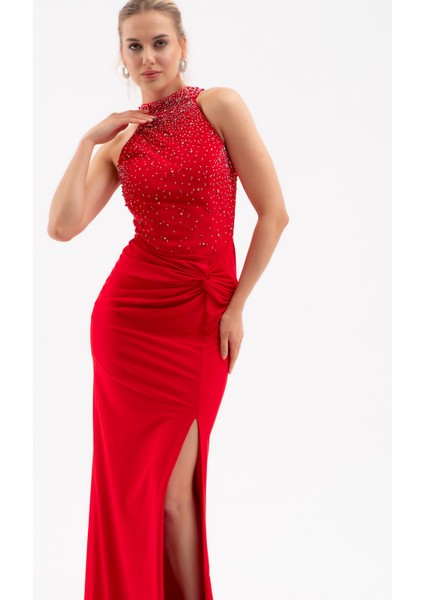 Kadın Kırmızı Halter Yaka Taşlı Uzun Abiye Elbise fiyatları