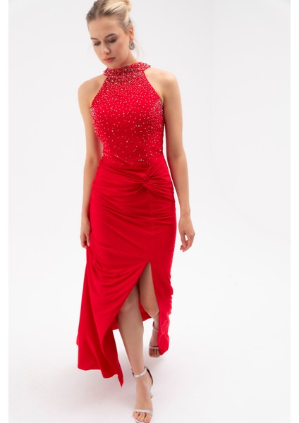 Kadın Kırmızı Halter Yaka Taşlı Uzun Abiye Elbise modelleri