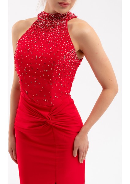 Kadın Kırmızı Halter Yaka Taşlı Uzun Abiye Elbise indirimleri