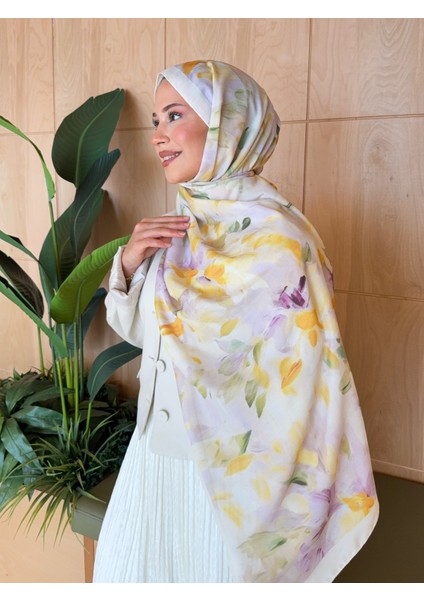 Retro Desen Pamuk Soft Şal Kadın Sarı Lila PS29