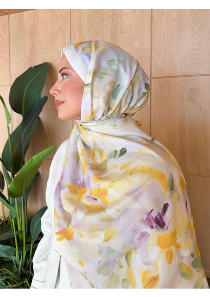 Retro Desen Pamuk Soft Şal Kadın Sarı Lila PS29 modelleri